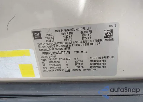 2014 Chevrolet Traverse 1Lt из США, поврежденный, VIN 1GNKVGKD4EJ274149